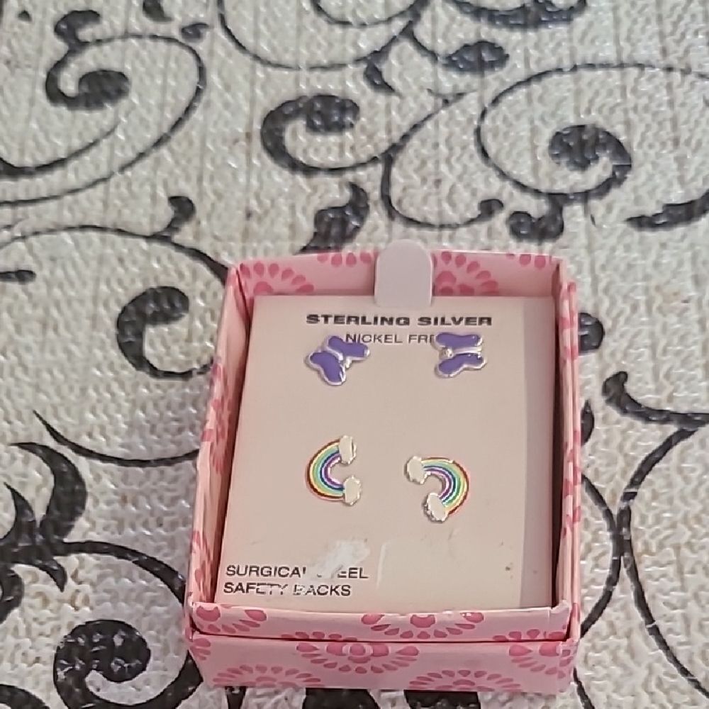 Sterling Silver Kids Earrings - Purple and Rainbow